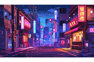 Night Tokyo Street Cartoon Game, an Object Illustration by LadadikArt
