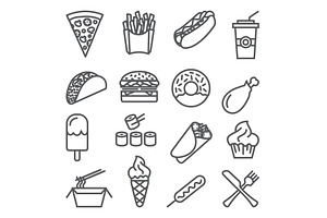 Fast food line icons set on white, a Food Illustration by IhorZigor