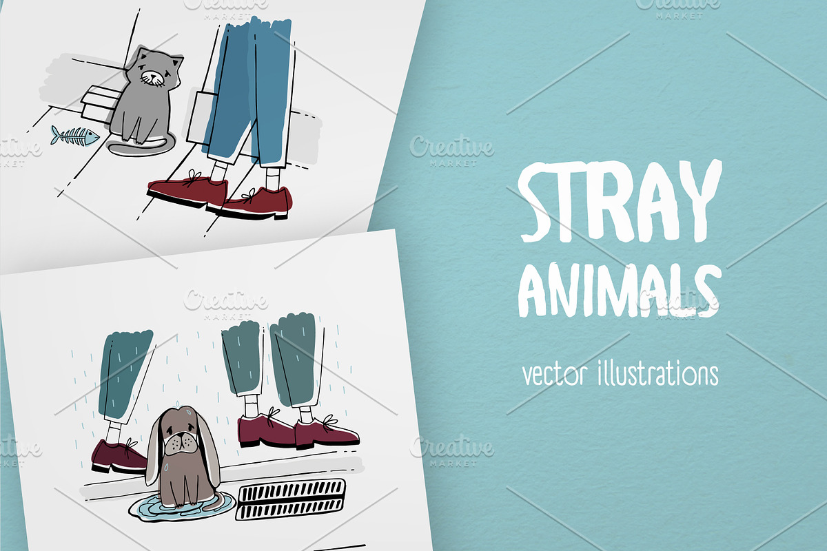 Stray cat and dog on the street, an Animal Illustration by Good Studio (Photo 1 of 3)