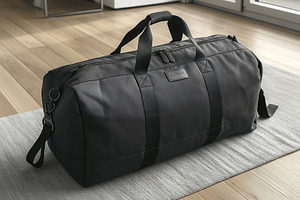 Stylish black duffle bag on a wooden floor, perfect for travel or gym use, feat, a Business Photo by ImageMir