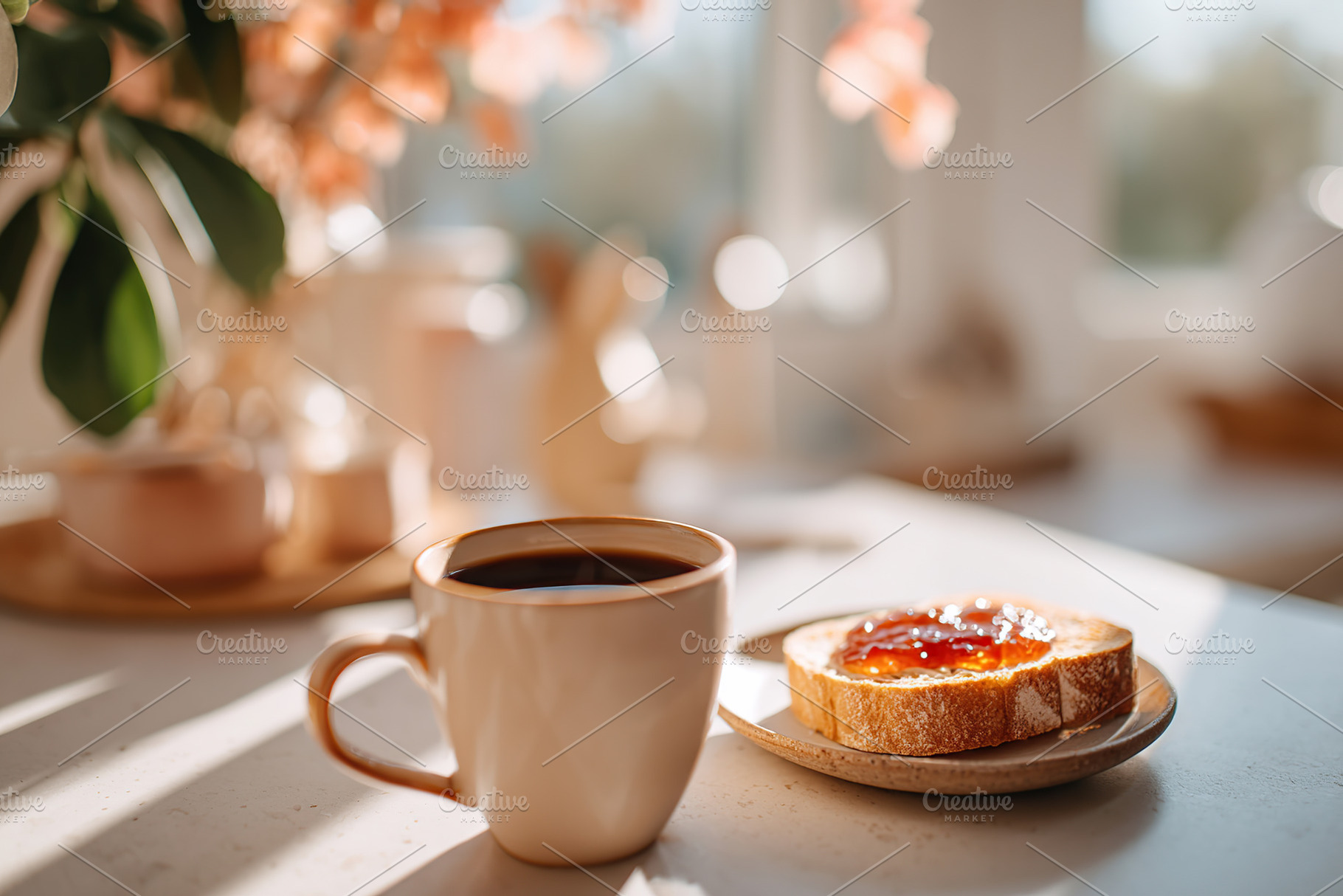 Breakfast table with toast topped with jam and a cup of coffee in bright mornin, a Food & Drink Photo by AlyaAnd