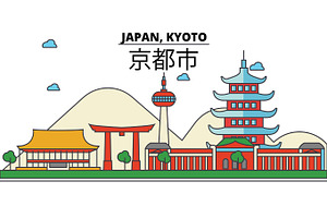 Japan, Kyoto. City Skyline: Architecture, Buildings, Streets, Silhouette, Landscape, Panorama, Landmarks. Editable Strokes. Flat Design Line Vector Il