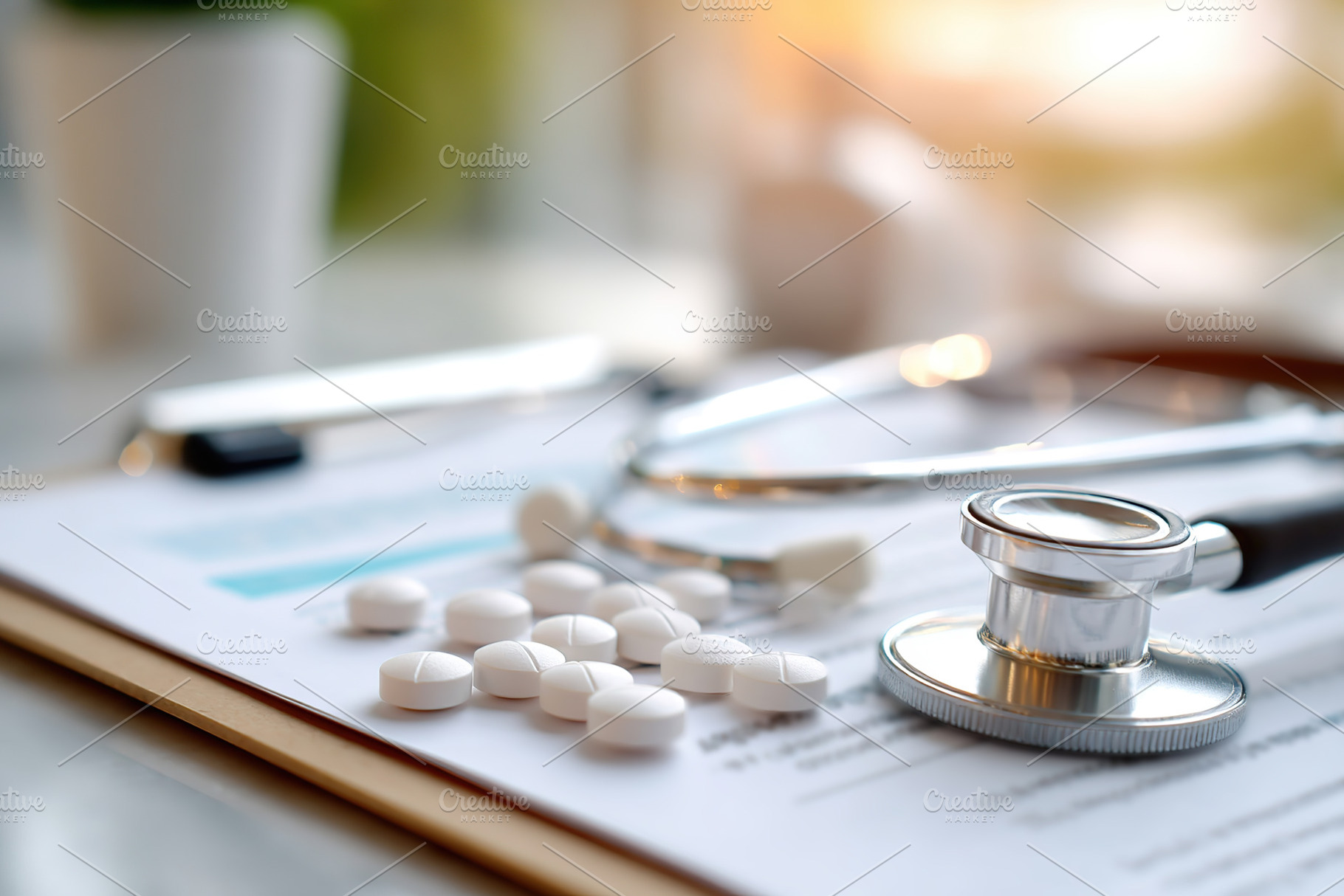 Scattered white round pills near medical equipment on a clipboard in a light se, a Photo by AlyaAnd