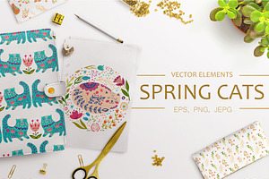 Vector Spring Cats and Plants