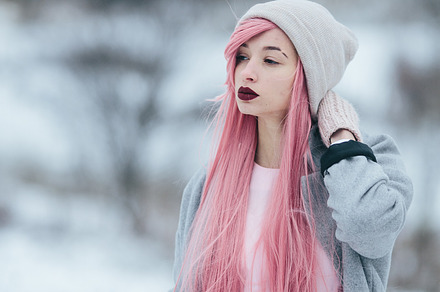 Girl with pink hair posing at the camera containing adult, background, and, a Person Photo by Tekso