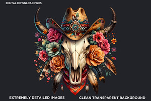 Boho Western Bull Skull PNG Clipart