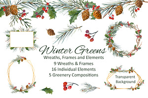 Watercolor Clip Art Winter Greens