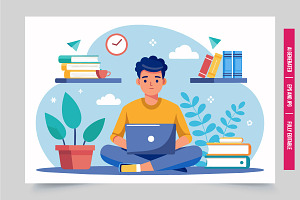 Man floor laptop books coffee, an Illustration by Tanuart