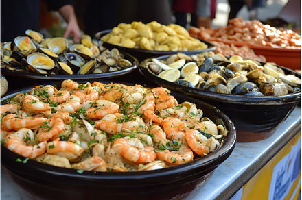 Seafood variety displayed at a, a Food & Drink Photo by Lermont51