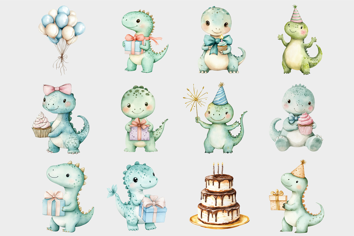 Watercolor Dino Birthday Clipart, a Seasonal Illustration by Design Market (Photo 4 of 5)