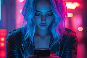 A young woman with blue hair focused on her smartphone, illuminated by vibrant, a Person Photo by ImageMir