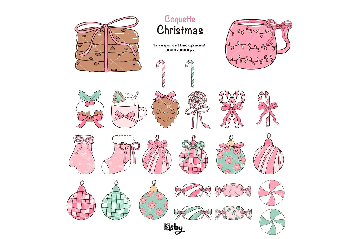 Coquette Pink Christmas Clipart, a Seasonal Illustration by KisbyArt (Photo 5 of 10)
