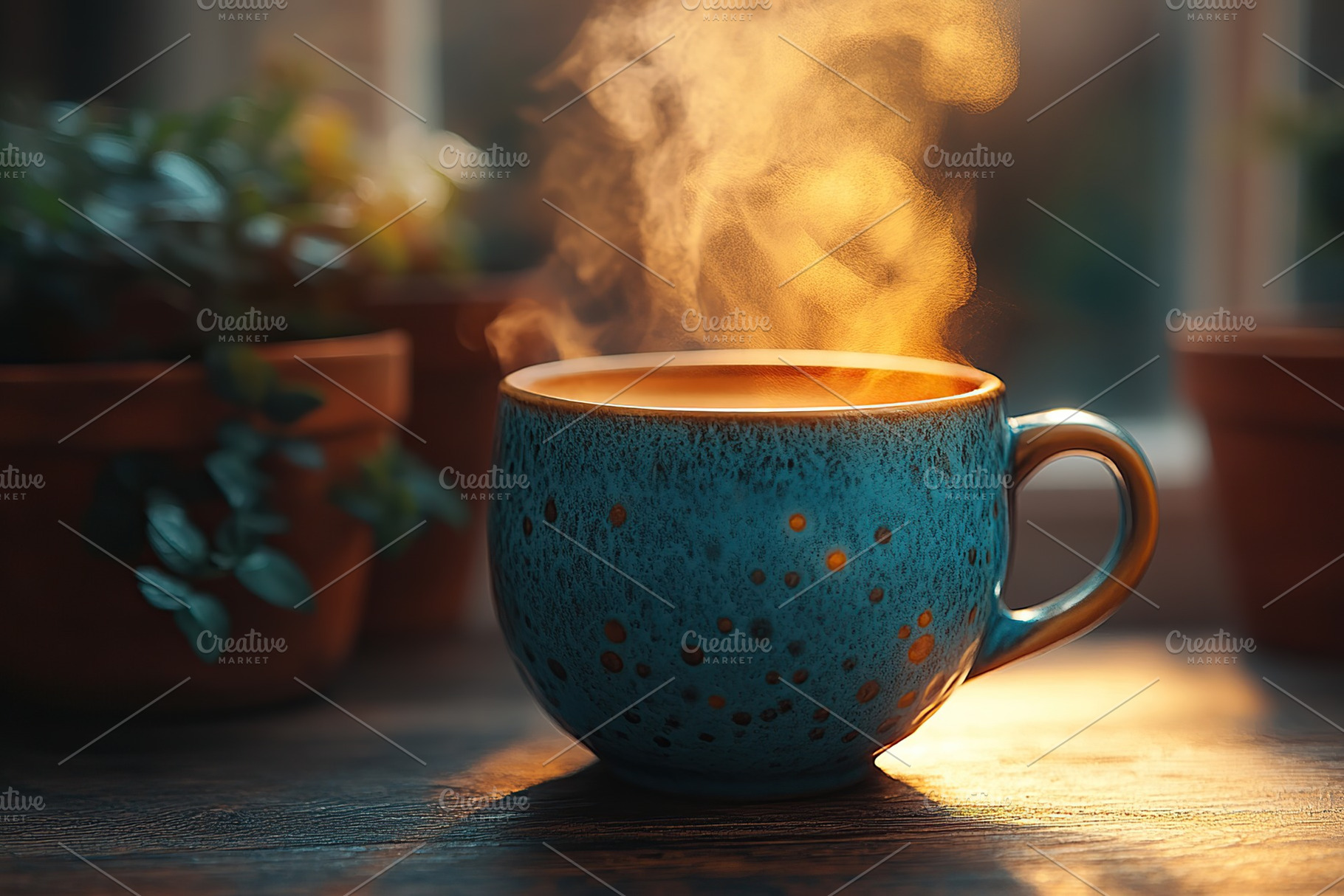 Steaming coffee from blue cup on wooden table, sunlights, a Food & Drink Photo by AlyaAnd