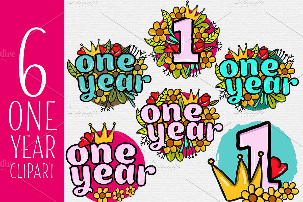 One year clipart (flowers & crown), a Stationery Template by Love Giftery (Photo 1 of 2)
