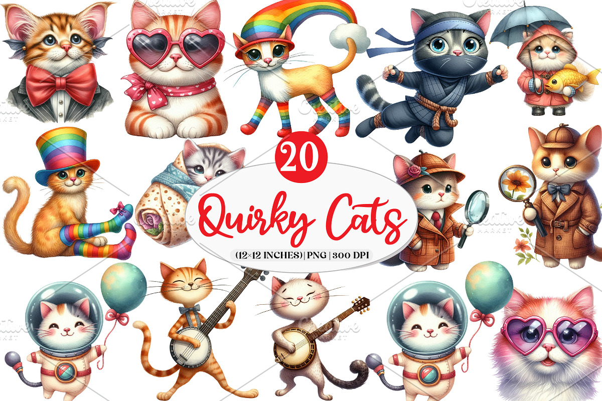 Funny Quirky Cats Clipart, an Illustration by Watercolor design (Photo 1 of 4)