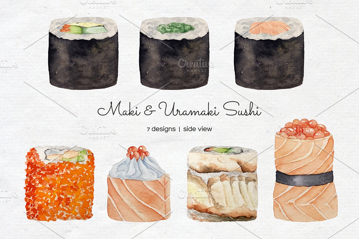 Watercolor Sushi Rolls Clipart, a Food Illustration by Art and Funny (Photo 2 of 7)