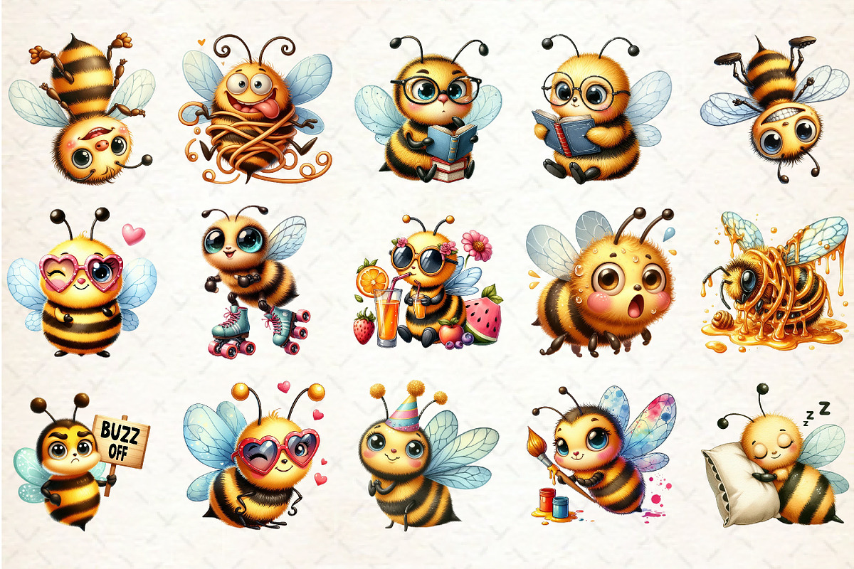 Funny Watercolor Quirky Bees Clipart, an Illustration by Rose Art (Photo 6 of 7)