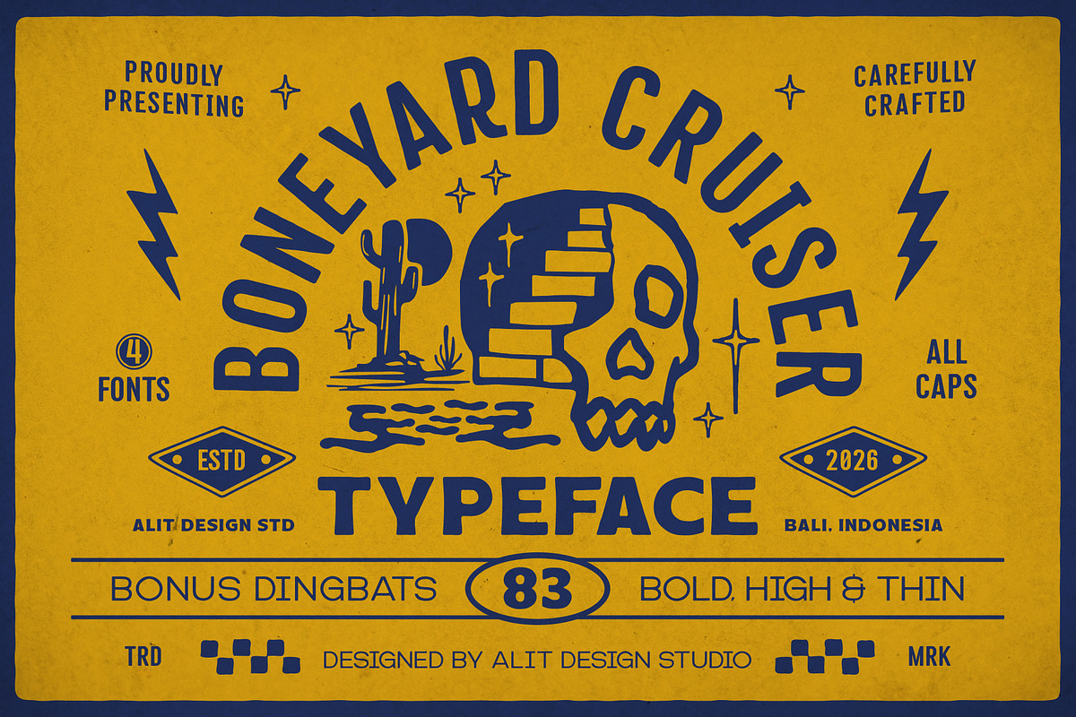 Boneyard Cruiser Typeface, a Sans Serif Font by alit design (Photo 1 of 20)