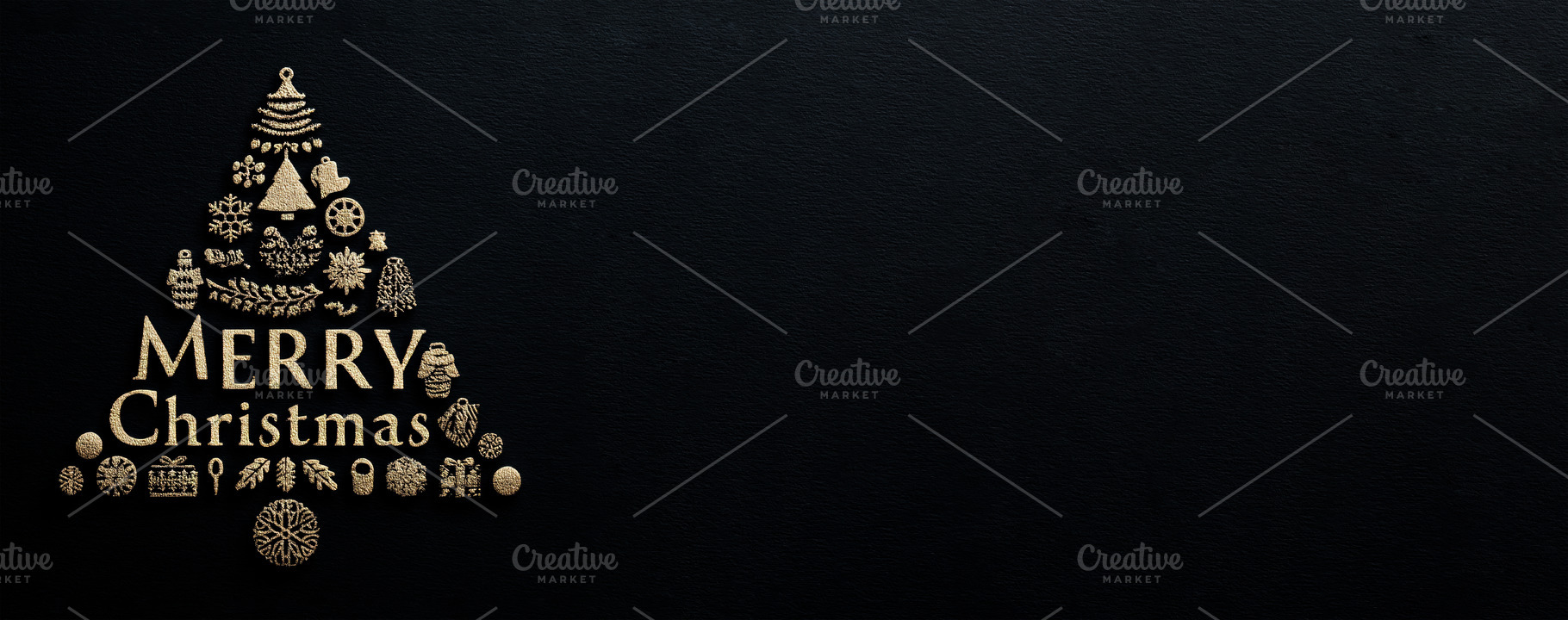 Gold Merry Christmas typography in shape of tree with festive ic, a Holiday Photo by José Manuel Gelpi