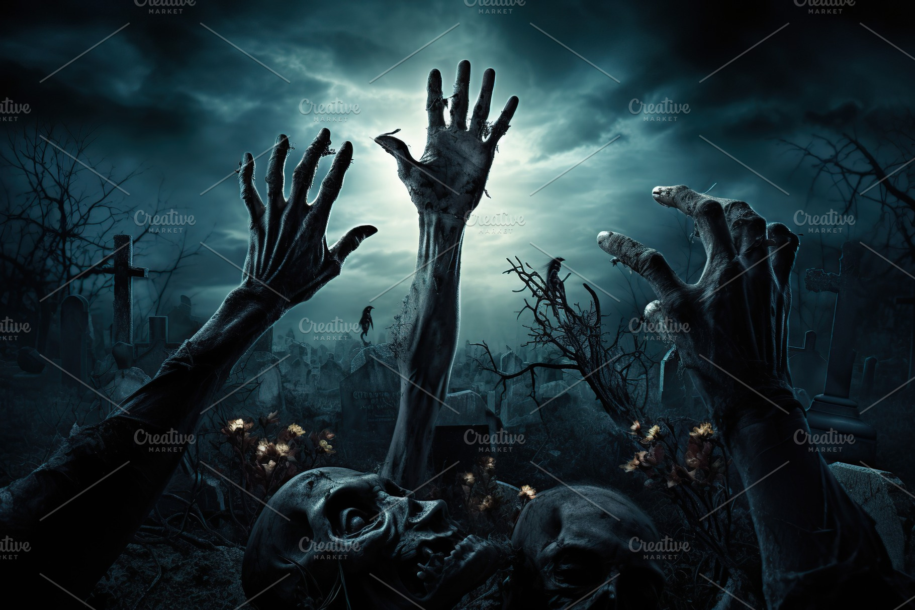 Zombie hands rising out of a graveyard, a Holiday Photo by AlyaAnd