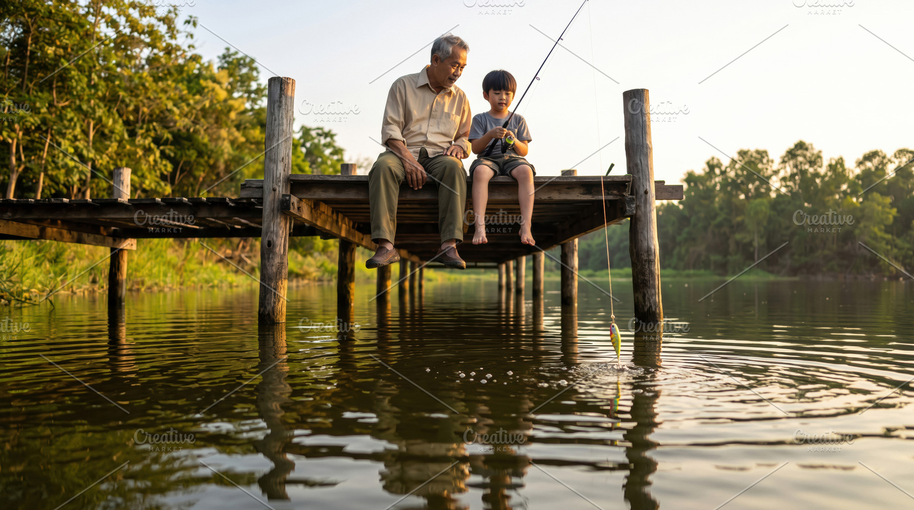 Grandfather and Boy Fishing on a Wooden Dock, a Sports & Recreation Photo by Davizro's Market