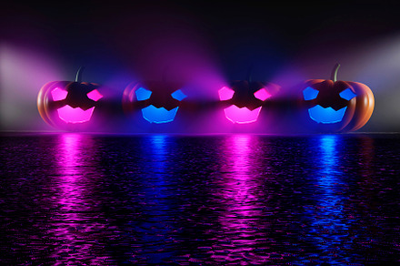 Row of Jack O'Lanterns with blue and purple candles on reflection floor. 3d ren, a Holiday Photo by 2Design