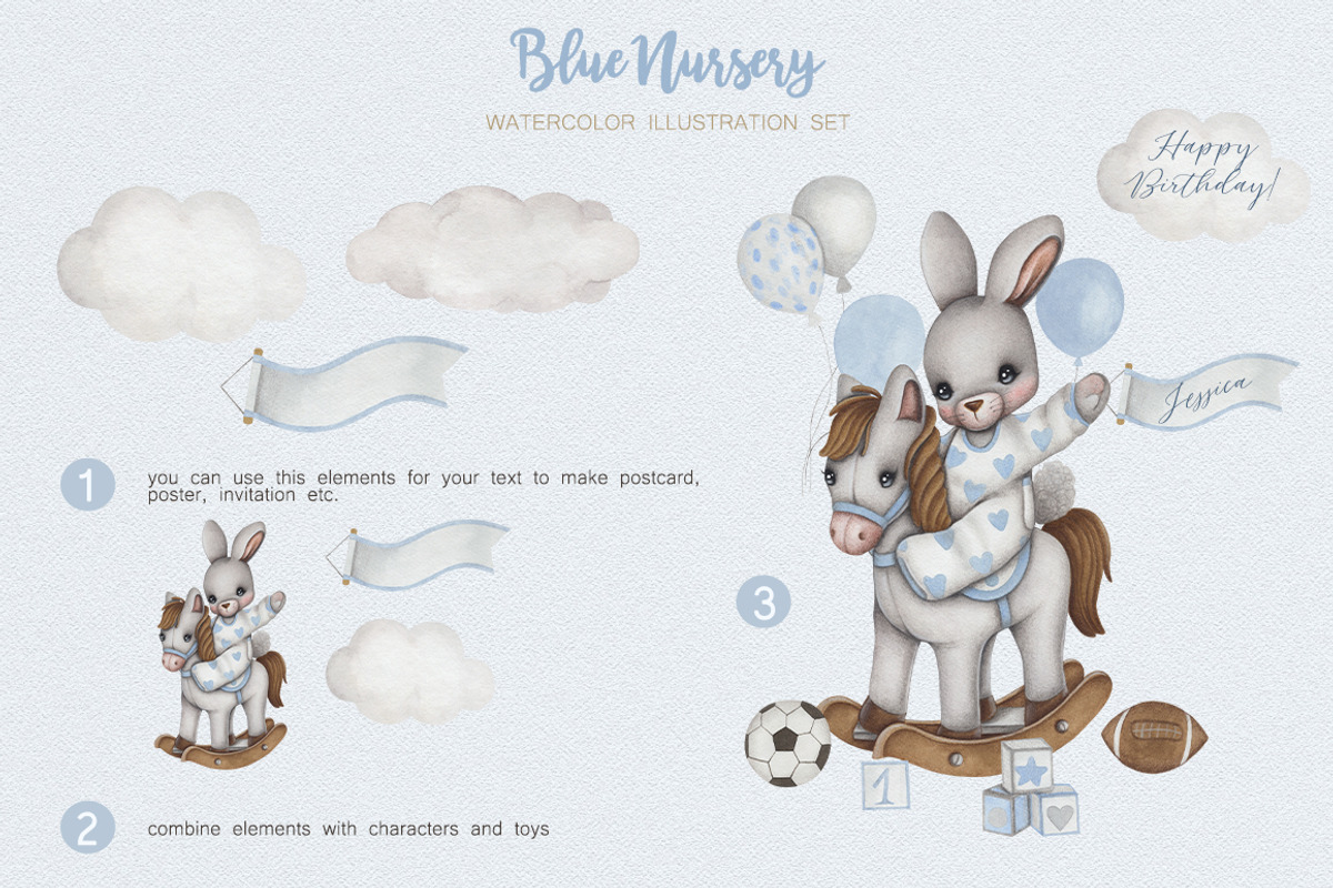 Watercolor Cute Set Blue Nursery, an Animal Illustration by ViktoriyaD (Photo 7 of 8)