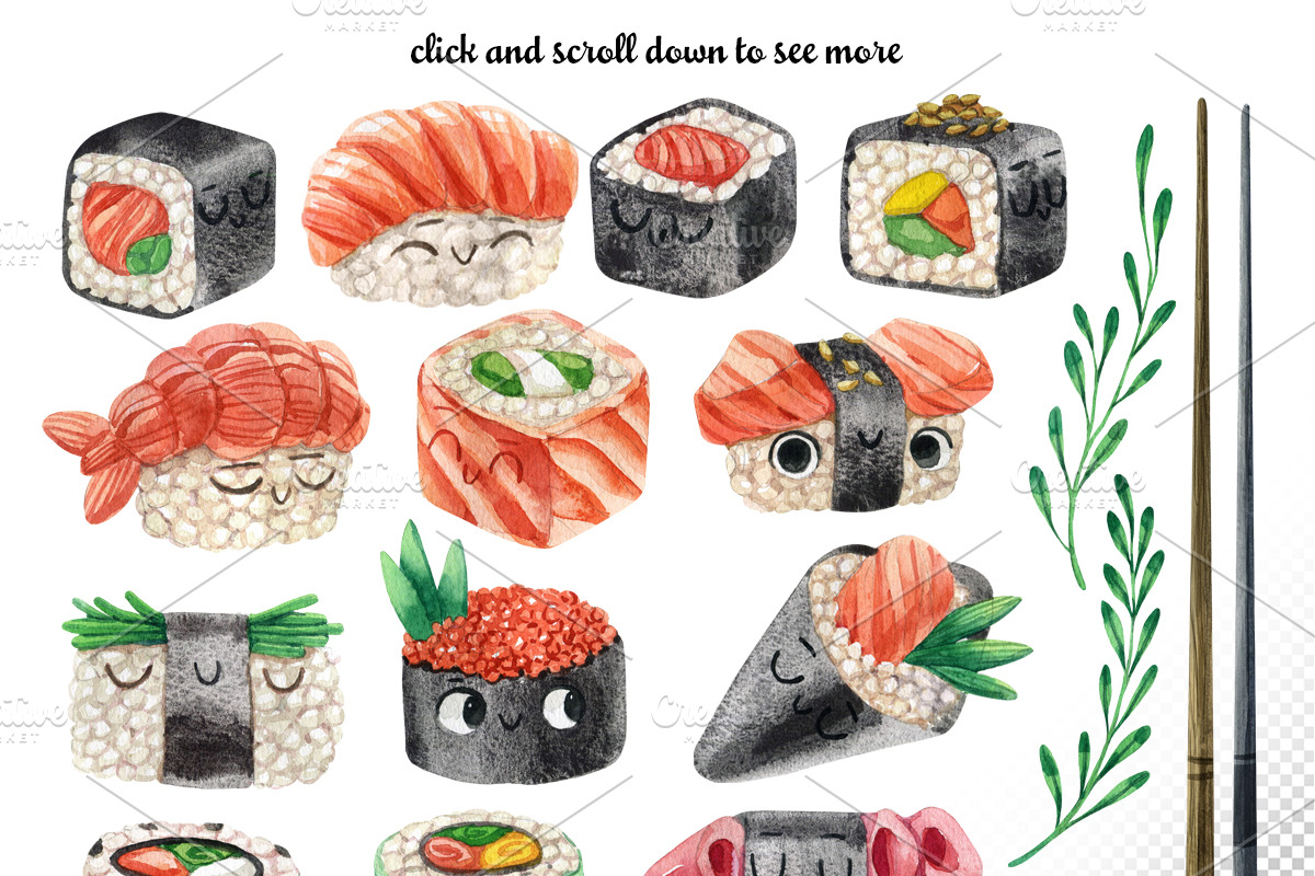 Kawaii Sushi watercolor set, a Food Illustration by KatBranchArt (Photo 2 of 3)