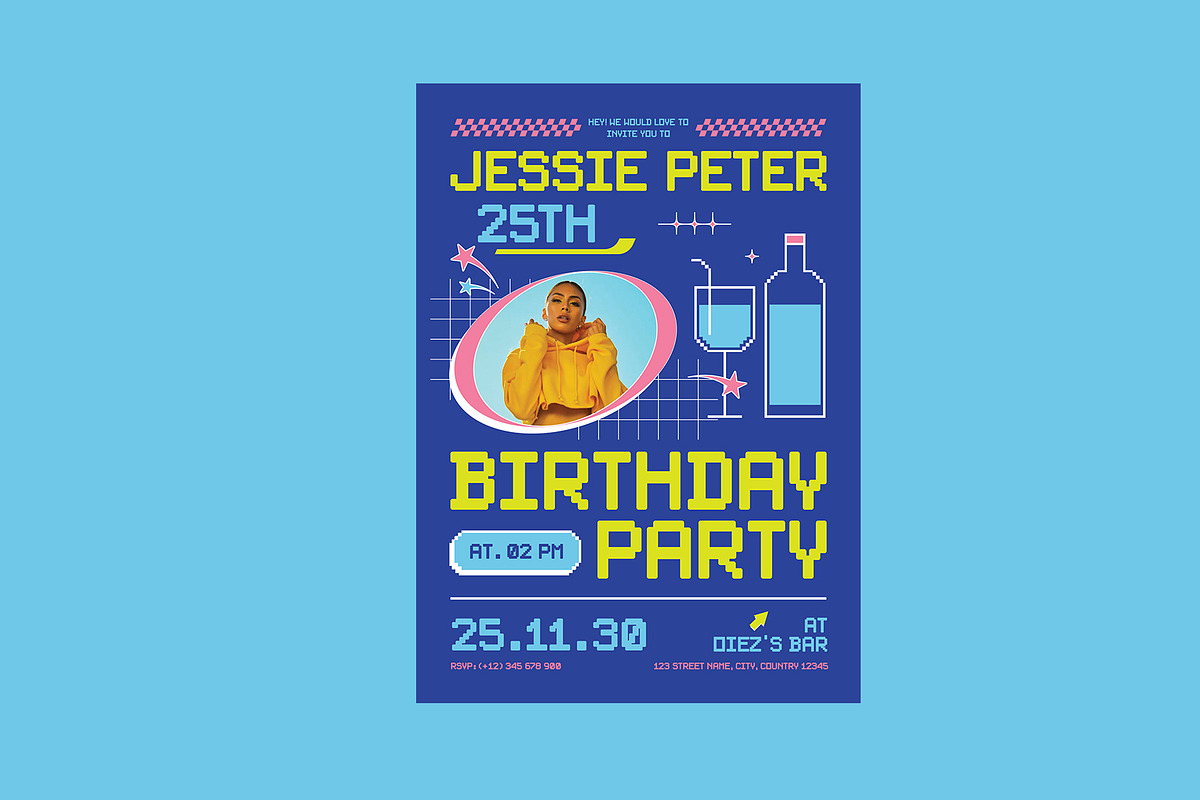 Blue Pixel Y2K Birthday Invitation, a Card Template by Neermana (Photo 2 of 4)