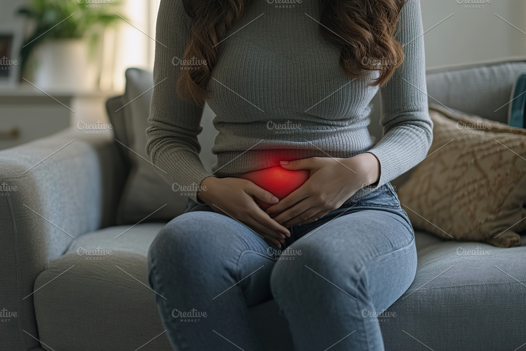 Closeup photo of woman having stomach ache, red spot, a Health & Medical Photo by AlyaAnd