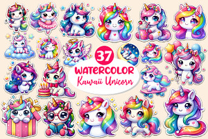 Kawaii Unicorn Stickers Clipart, an Illustration by Dream Creation