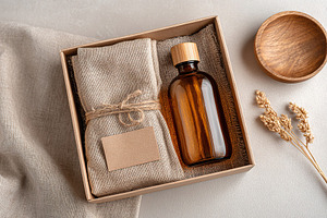 Eco-friendly gift box with amber bottle and burlap, a Beauty & Fashion Photo by AlyaAnd