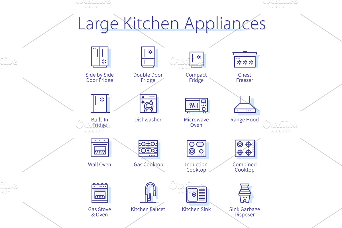 Large kitchen appliances icons set, a Technology Illustration by Iconicbestiary