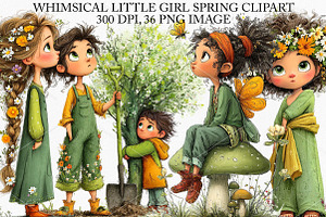 Whimsical Little Girl Spring Clipart, an Illustration by Canvas Craft
