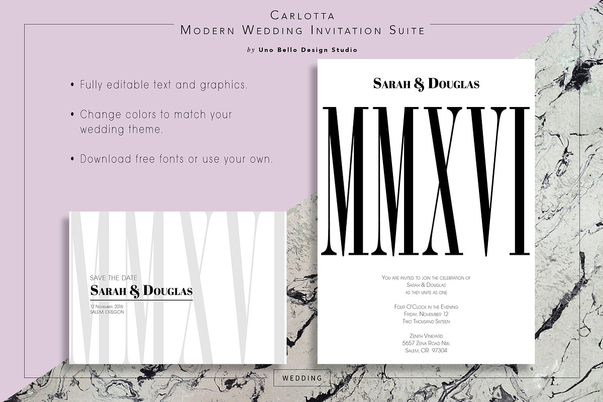 Carlotta Modern Wedding Stationery, an Invitation Template by Uno Bello Design Studio (Photo 2 of 5)
