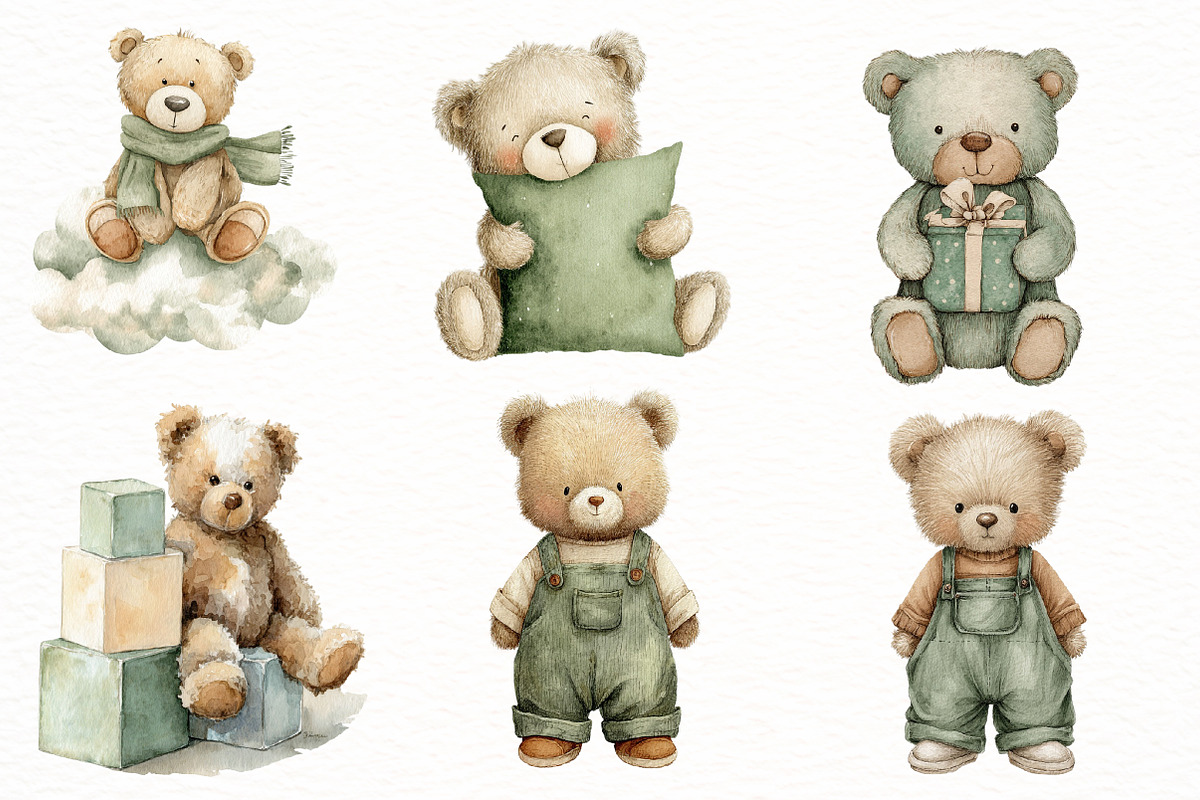 watercolor green teddy bear clipart, an Illustration by Designworld (Photo 3 of 5)