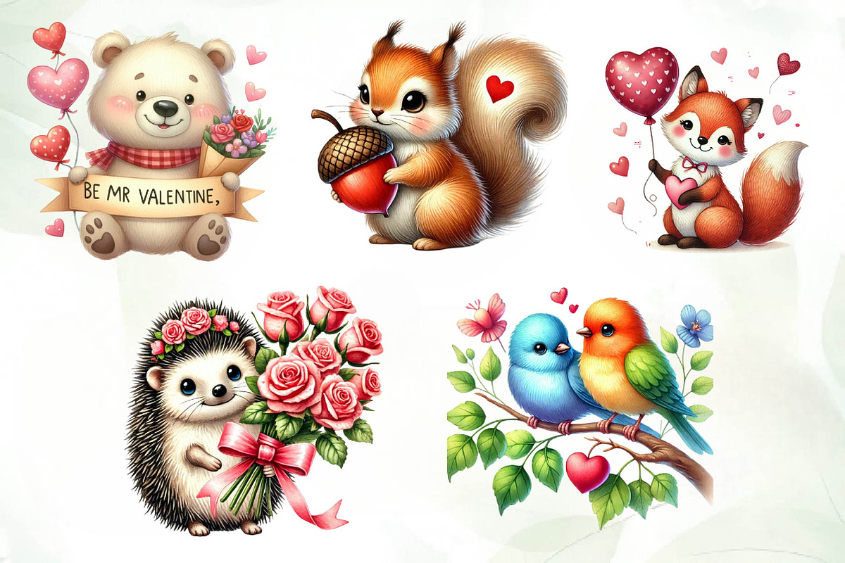 Valentine Woodland Animal Clipart, an Illustration by CreationArt (Photo 4 of 5)