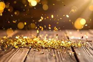 Golden sparkles falling gently on wooden table in sunlight, a Holiday Photo by GoodGoods