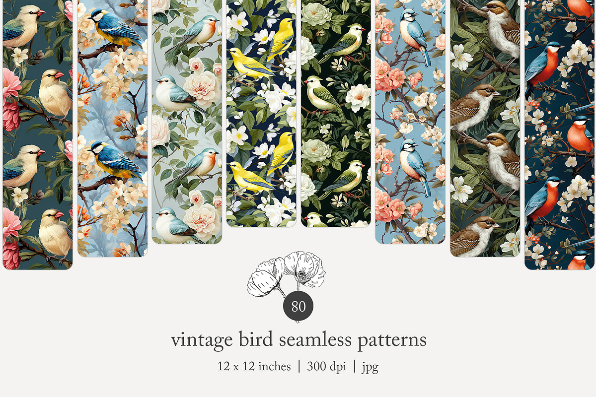 80 vintage birds seamless pattern, a Pattern Graphic by Poppy Lane Studio (Photo 1 of 11)