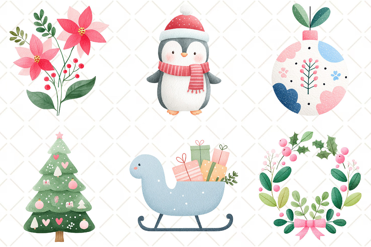 Watercolor Cute Christmas Clipart, an Illustration by Black Bird Studio (Photo 4 of 6)