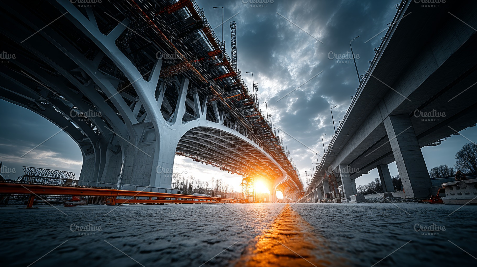 Impressive bridge construction illuminated by sunset under dramatic sky, an Industrial Photo by AS photostudio