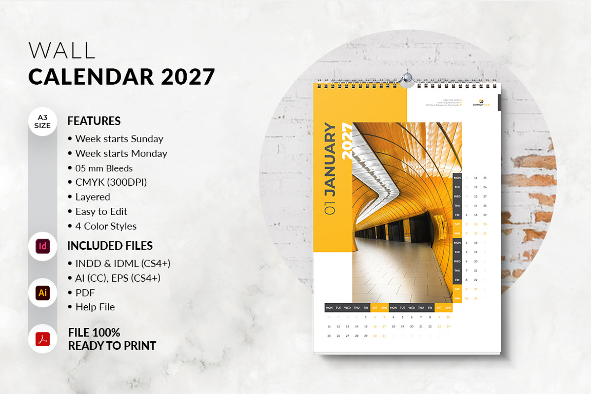 2027 Wall Calendar Template, a Stationery Template by MstArtwork (Photo 2 of 6)