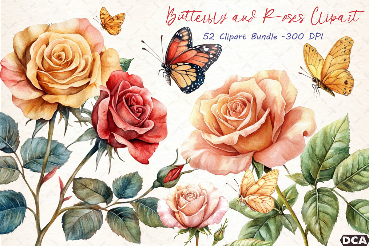 Watercolor Butterfly and Roses Clipa, an Illustration by DreamCafeArt (Photo 1 of 6)