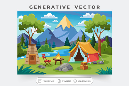 A camp site featuring a tent and a f, a Graphic by Iftikhar Alam