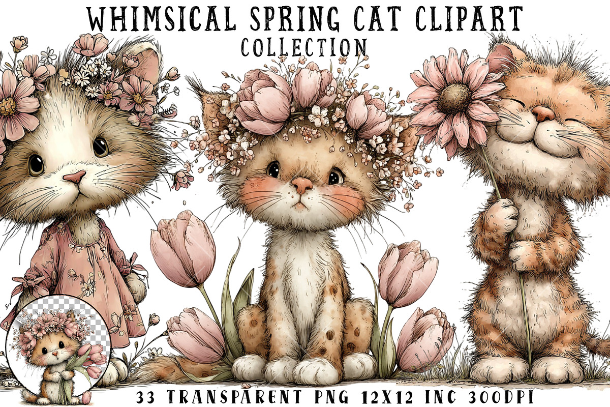 Whimsical Spring Cat Clipart, an Illustration by OK Design (Photo 1 of 6)