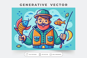 A cheerful fisherman holds a fish in, a Graphic by Iftikhar Alam