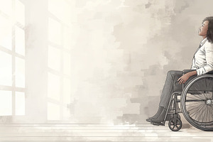Confident young woman in wheelchair looking towards the bright window light, an Illustration by AS photostudio