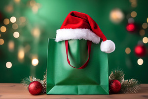 Christmas shopping concept with green sack Santa hat and deco, a Holiday Photo by Davizro's Market