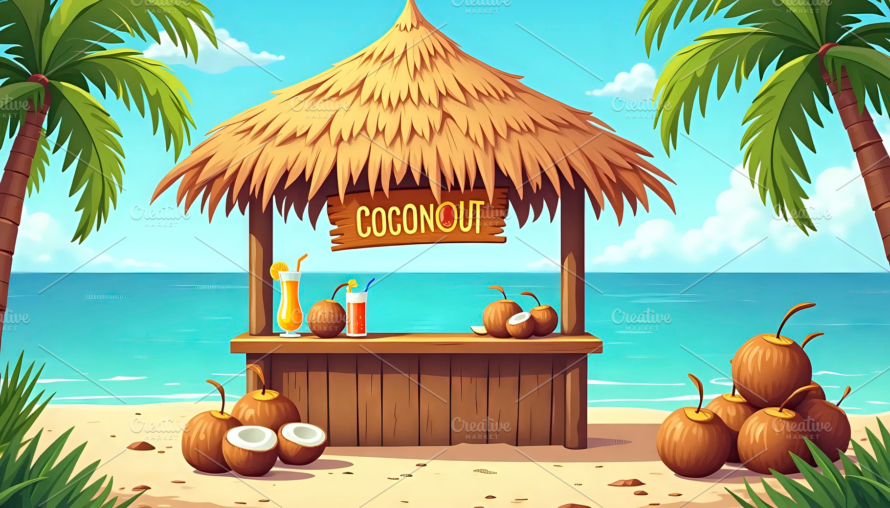 Coconut Stand On Island With Tiki Hu, a Photo by LOGOCREATIVE