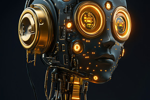 A futuristic robot with glowing orange eyes and intricate circuitry. The robot, an Arts & Entertainment Photo by Textures & Backgrounds
